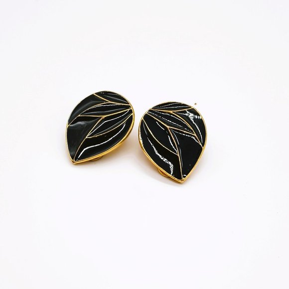 Gold Blue Enamel Teardrop Earrings. Clip On Navy Etched Gold Leaf Pattern - Picture 1 of 5